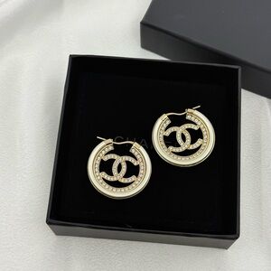 CHANEL CC Gold Round Crystal CC Hoop Earrings